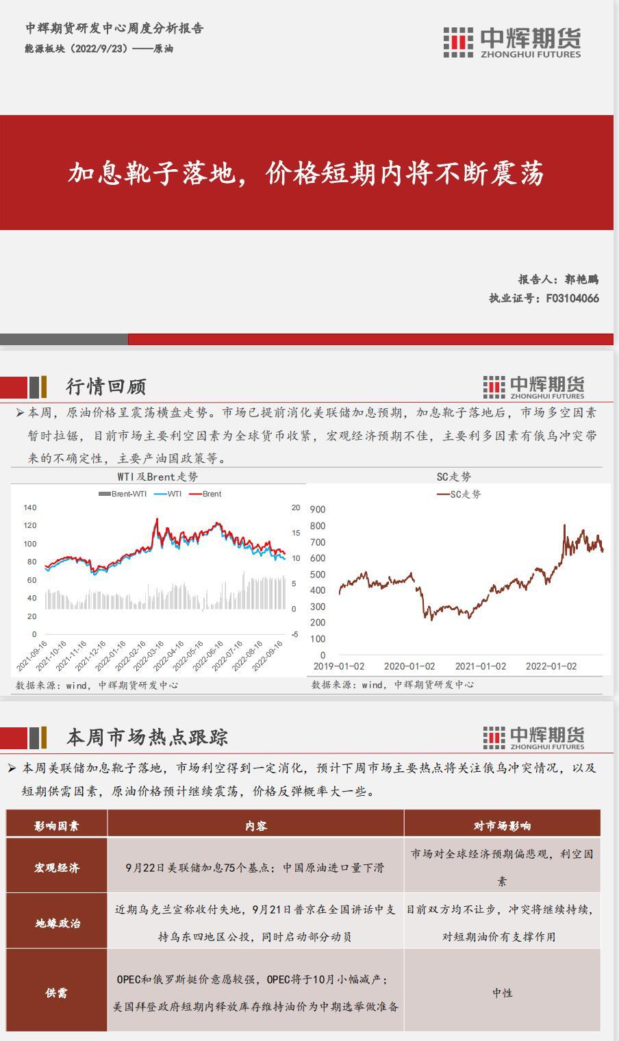 中辉期货原油周报：加息靴子落地，价格短期内将不断震荡